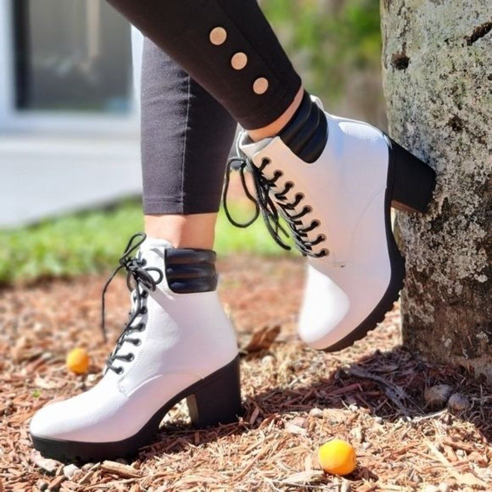 White Chunky Heel Ankle Booties Women’s Round Toe Shoes